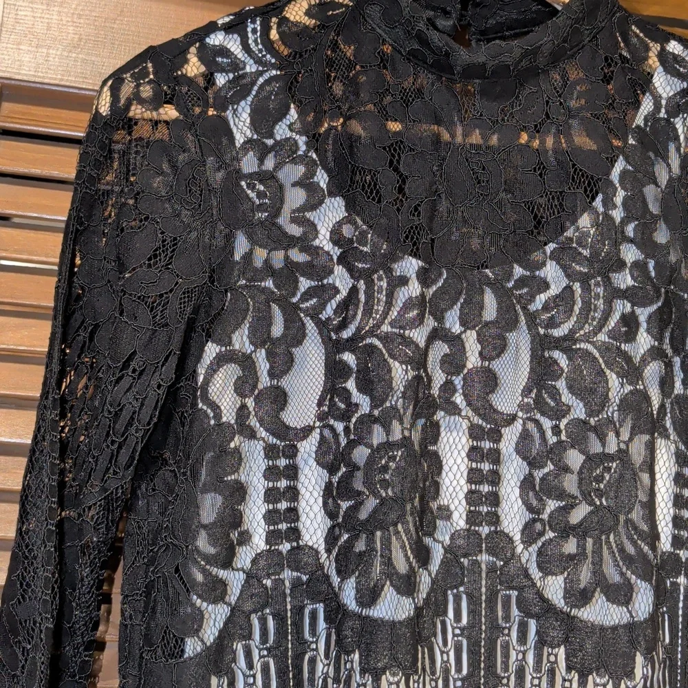 Black Lace Top With 3/4 Sleeves And Mock Neckline - Picture 1 of 5